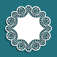 Round lace doily with ornate border pattern. Paper cut decoration. Template for laser cutting. 