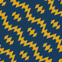 Vector seamless pattern in ethnic style. Ikat geometric folklore ornament. Abstract tribal texture with rhombuses, diamonds, diagonal zigzag lines. Dark blue and yellow color. Simple folk background