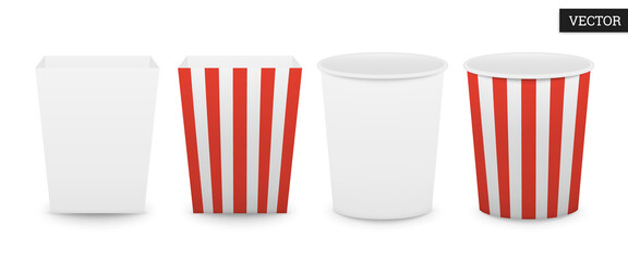 Set of empty paper popcorn boxes isolated on a white background. Сollection striped and white buckets. Macro icons in realistic style. Vector illustration 3D. Design elements in cinema. Mockup.