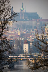 View on Prague Castle of Vysehrad area in Winter inversion