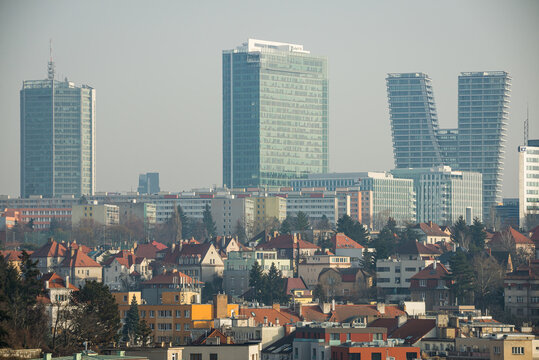 Prague, Czech republic - February 24, 2021. Complex of City Tower in Pankrac - dominant of skyscrapers
