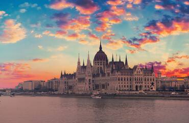 Budapest parliament at dramatic sunrise, Hungary.