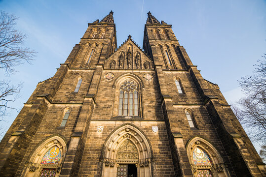 Prague, Czech republic - February 24, 2021. Direct wide view on Basilica Minor in Vysehrad fortress area
