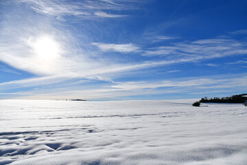 verschneite Winterlandschaft mit blauem Himmel