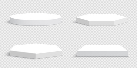 Set of white blank podiums on transparent background. Pedestals. Scene. Boxes. Vector illustration.