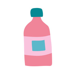 Bright pink bottle for cosmetics. Vector illustration with a container of shampoo, gel or aromatic oil. Icon in doodle hand drawn style