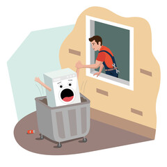 A repairman saves a washing machine that was thrown in the trash. Breathe new life into the old technique concept. Vector illustration with characters and the environment. Washing machine character