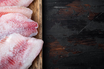 Frozen white fish fillet, top view with copy space for text