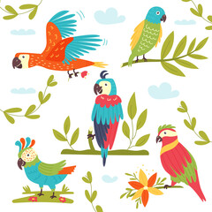 Naklejka premium Set of tropical colorful vector parrots. Vector illustration of a parrot on white background