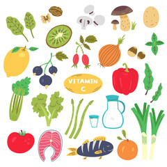 Vitamin C Food Source Set. Bundle of healthy foods: vegetables, herbs, fruits, dried fruit, meat. Vector flat cartoon clipart