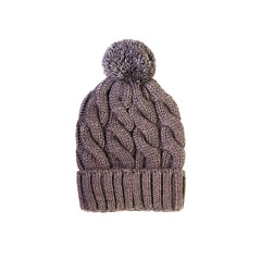 Accessories in the cold season. Knitted gray hat with pompon isolated on a white background