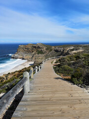 Fototapeta na wymiar Cape Point wooden walkway path to the sea at Cape Point National Park in Cape Town South 