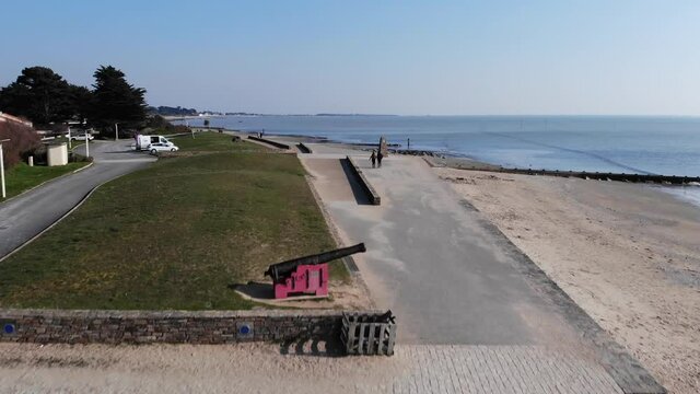 aerial view of the canons of Port Royal in Bernerie en Retz then atlantic bay front. Cinematic touristic shot in idyllic place for holidays