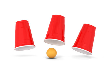 Shell game. Three red plastic cups