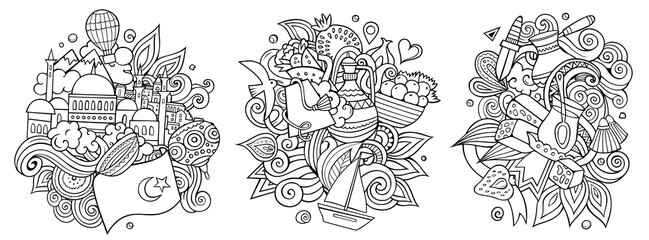 Turkey cartoon vector doodle designs set.
