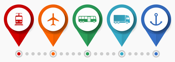 Transportation vector icon set, flat design pointers, infographic template