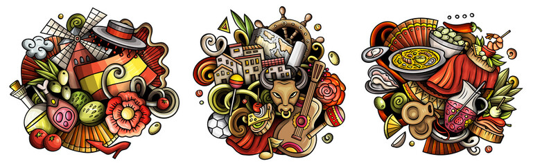 Spain cartoon vector doodle designs set.