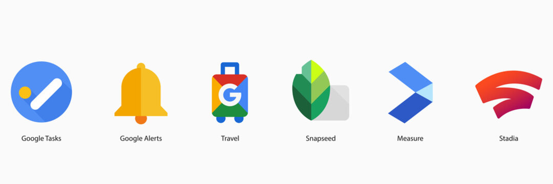 Google LLC. Apps from Google. Official logotypes of Google Apps. Google Tasks, Google Alerts, Google Travel, Snapseed, Google Measure, Stadia. Kyiv, Ukraine - March 14, 2021