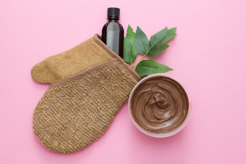 spa procedures. Chocolate body wrap. Organic, natural cosmetics.  Pink background