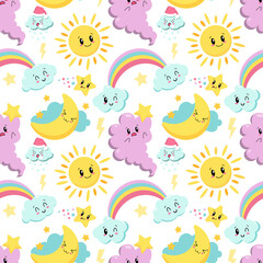 Fototapeta na wymiar seamless pattern with cute kawaii ,cloud, rainbow and sun - vector illustration