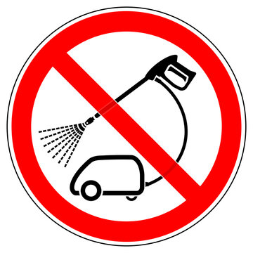 srr597 SignRoundRed - german Verbotszeichen: N&auml;sse / Feuchtigkeit - Hochdruckreiniger verboten . english - prohibition sign - high pressure cleaner prohibited - protect material from humidity - g10369