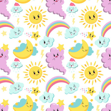 seamless pattern with cute kawaii ,cloud, rainbow and sun - vector illustration