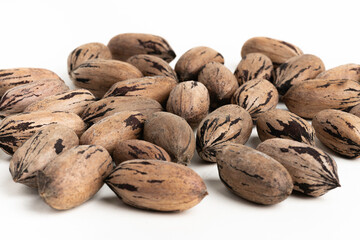 Pecan Nuts In Shell On White Background