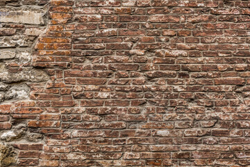Old grungy retro dirty dusty brick wall of ancient city. Uneven pitted peeled surface brickwork of cellar worn. Ruined shabby stiff blocks. Hard solid messy ragged holes brickwall for 3D grunge design