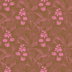 Retro sweet Tropical Jungle leaves seamless pattern pink and brown ,Layer on line texture with palm leaves and exotic forest leaf. Design for fashion , fabric, textile, wallpaper, cover, web ,
