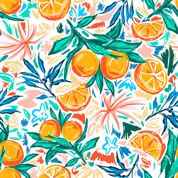 Trendy and colourful of Summer fruits Orange and leaves brushed strokes style, seamless pattern vector ,Design for fashion , fabric, textile, wallpaper, cover, web , wrapping