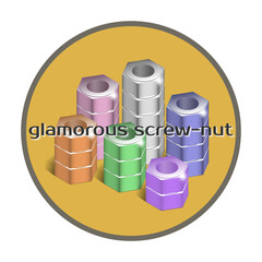 Round sticker. Glamorous colored bright with highlights, stacks of 3d screw-nuts in a yellow circle