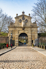 Prague, Czech republic - February 24, 2021. Second gate - Leopoldova brana - as a entrance to Vysehrad fort area