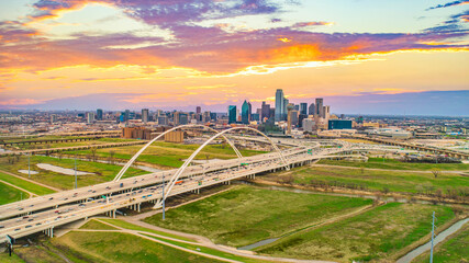 Downtown Dallas, Texas, USA Drone Skyline Aerial Panorama - 420287399