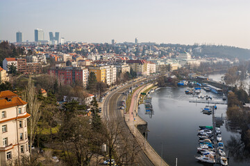 Fototapeta na wymiar Panorama of Prague in haze in Winter - Podoli quarter and Pankrac