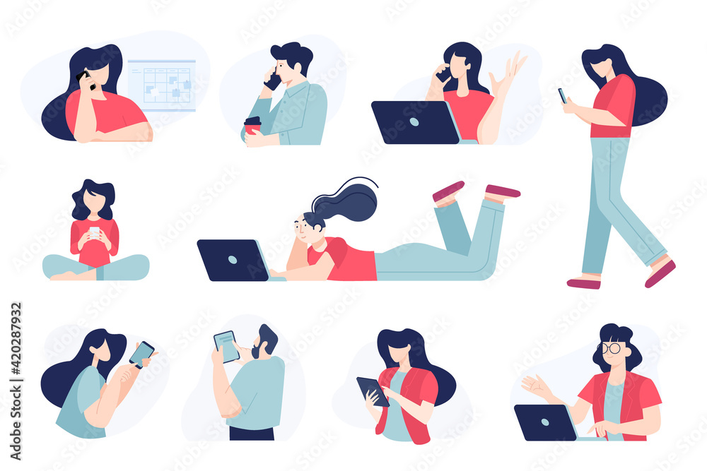 Wall mural set of flat design people concepts of communication, use of mobile, tablet and laptop, social networ