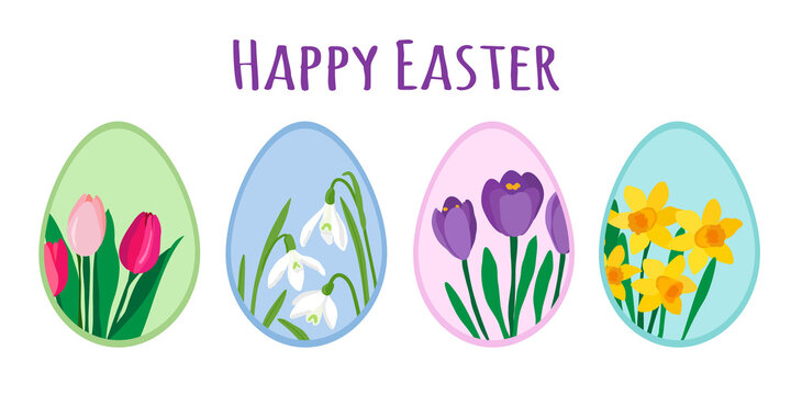 Colorful easter eggs decorated with cute spring flowers. Tulips, crocuses, daffodils and snowdrops. Easter greeting card with Happy Easter text isolated on white background, EPS 10 vector design