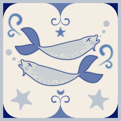 Illustrated ceramic tile. Two fish inside in an ornamental frame. Medieval style.