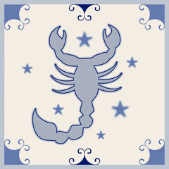 Illustrated ceramic tile. Scorpion inside in an ornamental frame and stars. Medieval style.