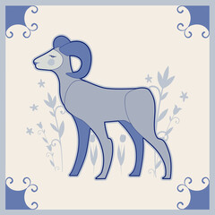 Illustrated ceramic tile. Ram inside in an ornamental frame and flowers. Medieval style