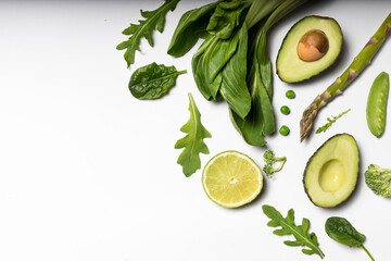 Raw healthy food clean eating vegetables and grain products: green vegetables, top view
Detox green set