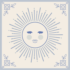 Illustrated ceramic tiles. Isolated sun between ornamental corners