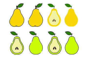 Pear green and yellow. Cartoon flat style. Isolated on a white background. Vector illustration. Sliced fruit with seeds.