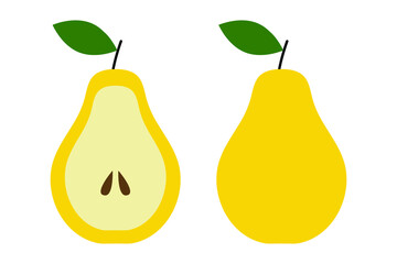 Pear yellow. Cartoon flat style. Isolated on a white background. Vector illustration. Sliced fruit with seeds.