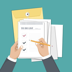 Hands holding a document and pencil. To-do list concept. Flat vector design.