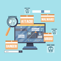Malware concept. Concept of virus, piracy, hacking and security. Website banner of e-mail protection, anti-malware software. Computer Viruses Attack, Errors detected, Warning signs, Stealing data.