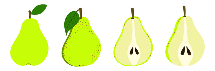 Pear green. Cartoon flat style. Isolated on a white background. Vector illustration. Sliced fruit with seeds.