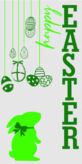 Happy Easter poster with eggs and cute bunny in green on gray background - vector