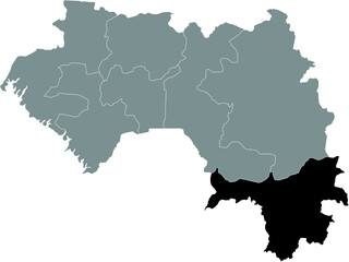Black highlighted location map of the Guinean Nzérékoré region inside gray map of the Republic of Guinea