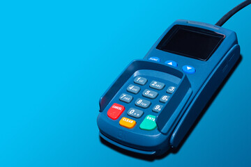 Trade and cash register equipment. Terminal for payment by credit card. Credit card payment equipment. Stationary device for payment by bank card. Purchase with bank transfer. Automated bank transfer