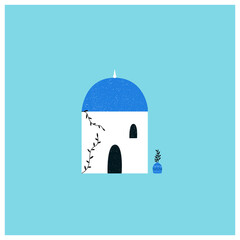 Santorini greek or ancient white house with blue roof. Vector illustration in flat cartoon style. 